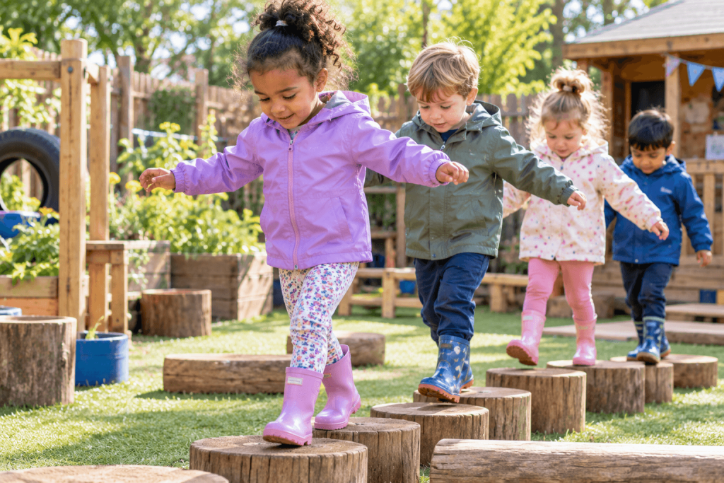 Nursery children balancing on wooden stepping stones outdoors building vestibular and proprioceptive awareness