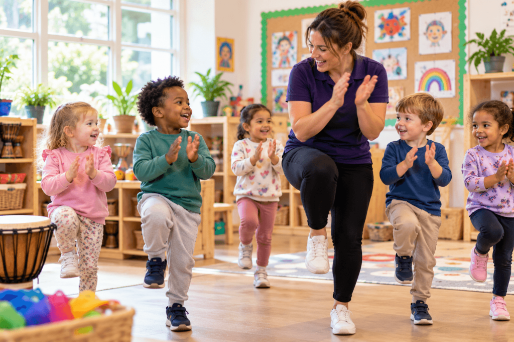 Group of nursery children marching and clapping to music with a practitioner to develop rhythm and coordination