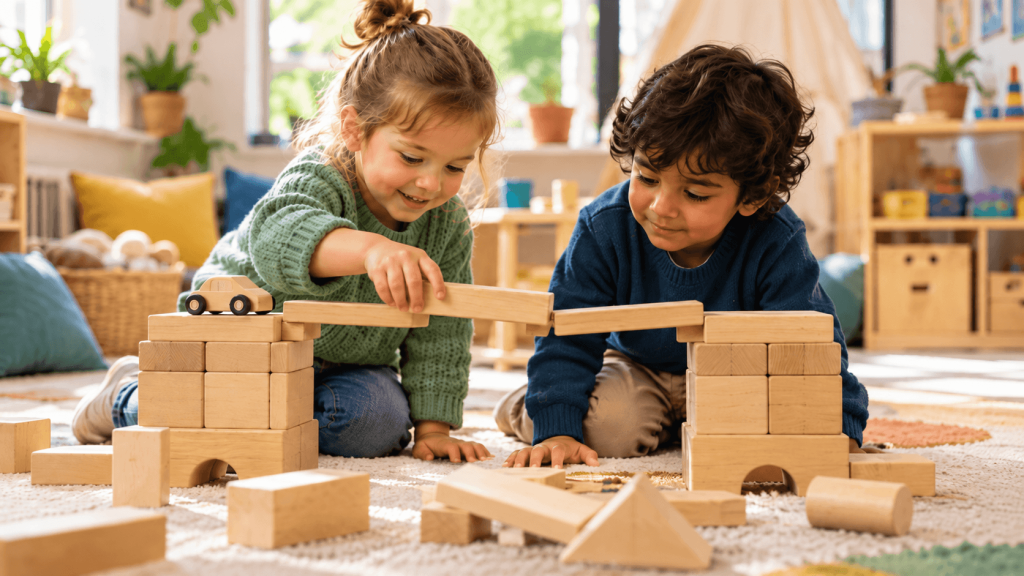 Building Bridges in a Cozy Classroom | Parentacom Two young children testing a wooden block bridge for a toy car showing STEM in early years through play