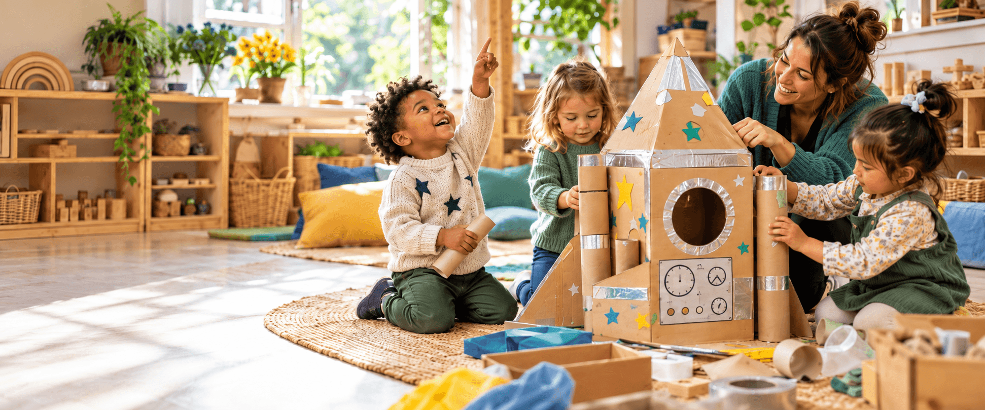 Children exploring STEM in early years by building a cardboard spaceship alongside their nursery practitioner