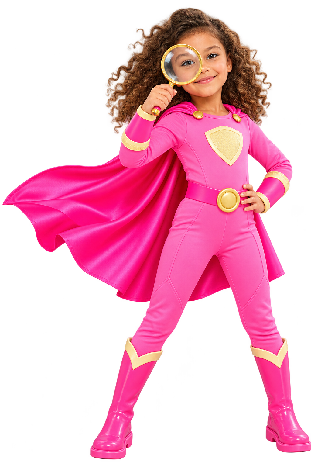 Cheerful superhero child in pink holds a magnifying glass searching for free support helplines in England