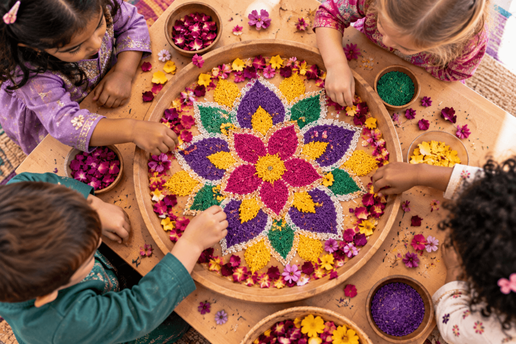 Rangoli pattern made from coloured rice and dried petals on a nursery tray during Diwali activities