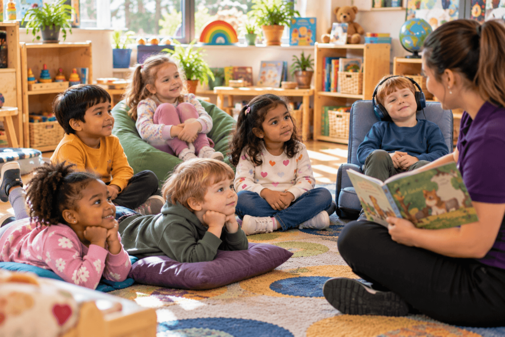 Children listening to a story while sitting in different ways that suit their bodies in an inclusive classroom