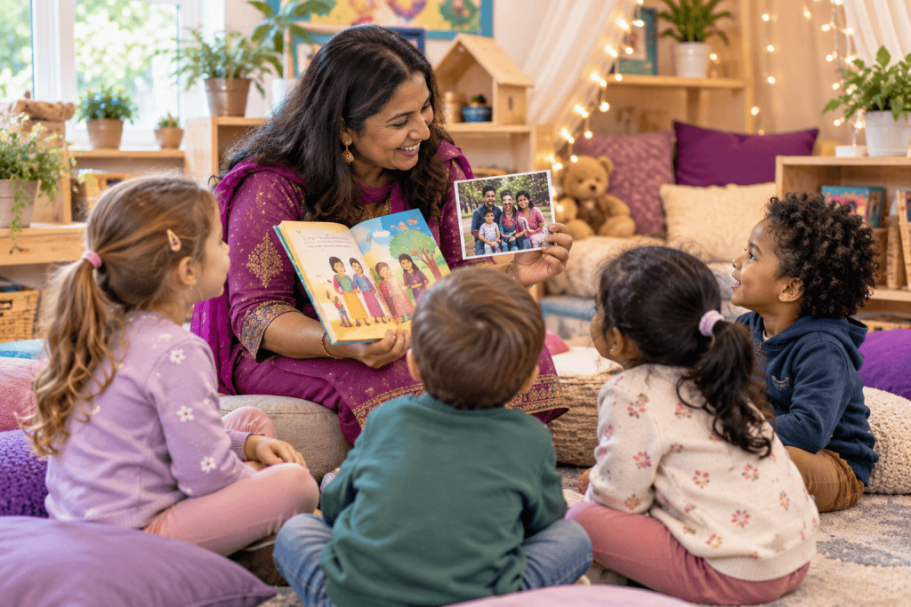 Parent sharing a Diwali story and family photographs with a small group of nursery children