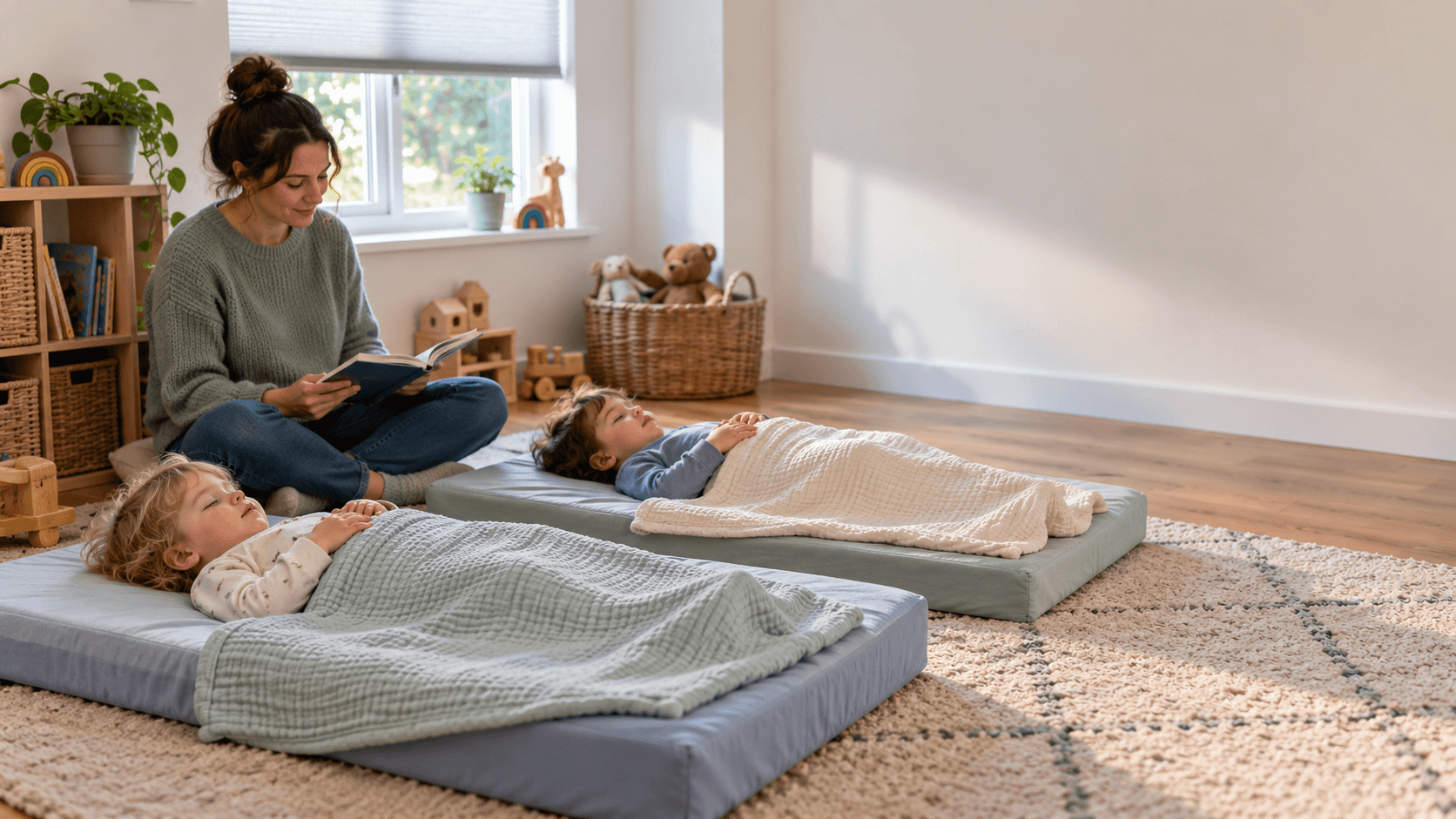 Childminder following safer sleep guidance as toddlers rest on individual floor mats with light blankets