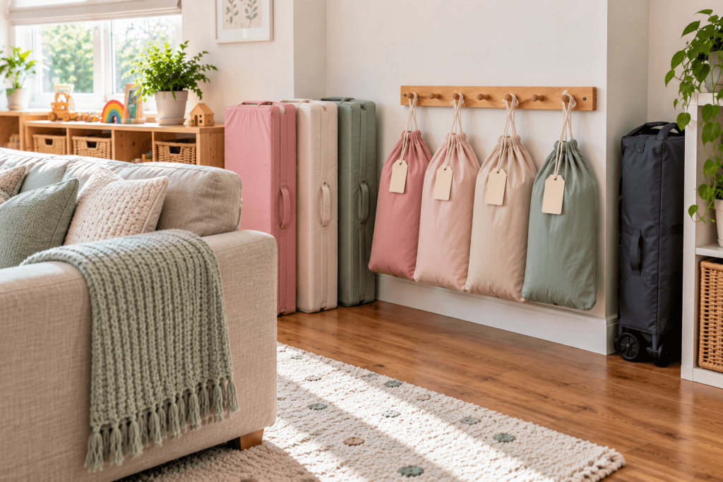 Folded sleep mats and named children's bedding bags stored neatly behind a sofa in a childminder's home   