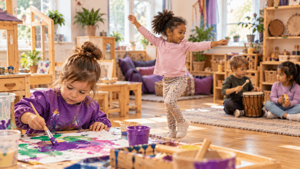 Creative Harmony in the Classroom | Parentacom Children painting dancing and making music showing different forms of creativity in early years