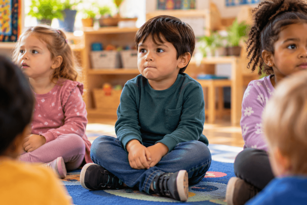 A child concentrating hard on sitting perfectly still showing the effort behind autistic masking