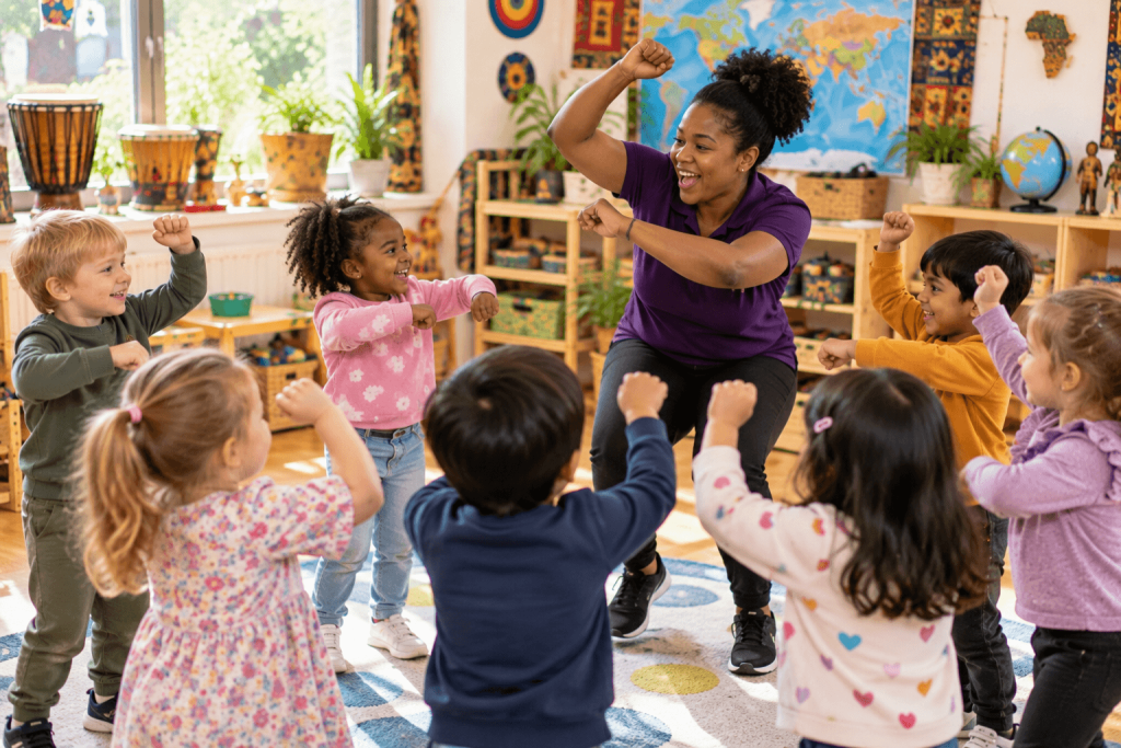 Children in a circle copying a leader's actions during the Kye Kye Kule call-and-response song