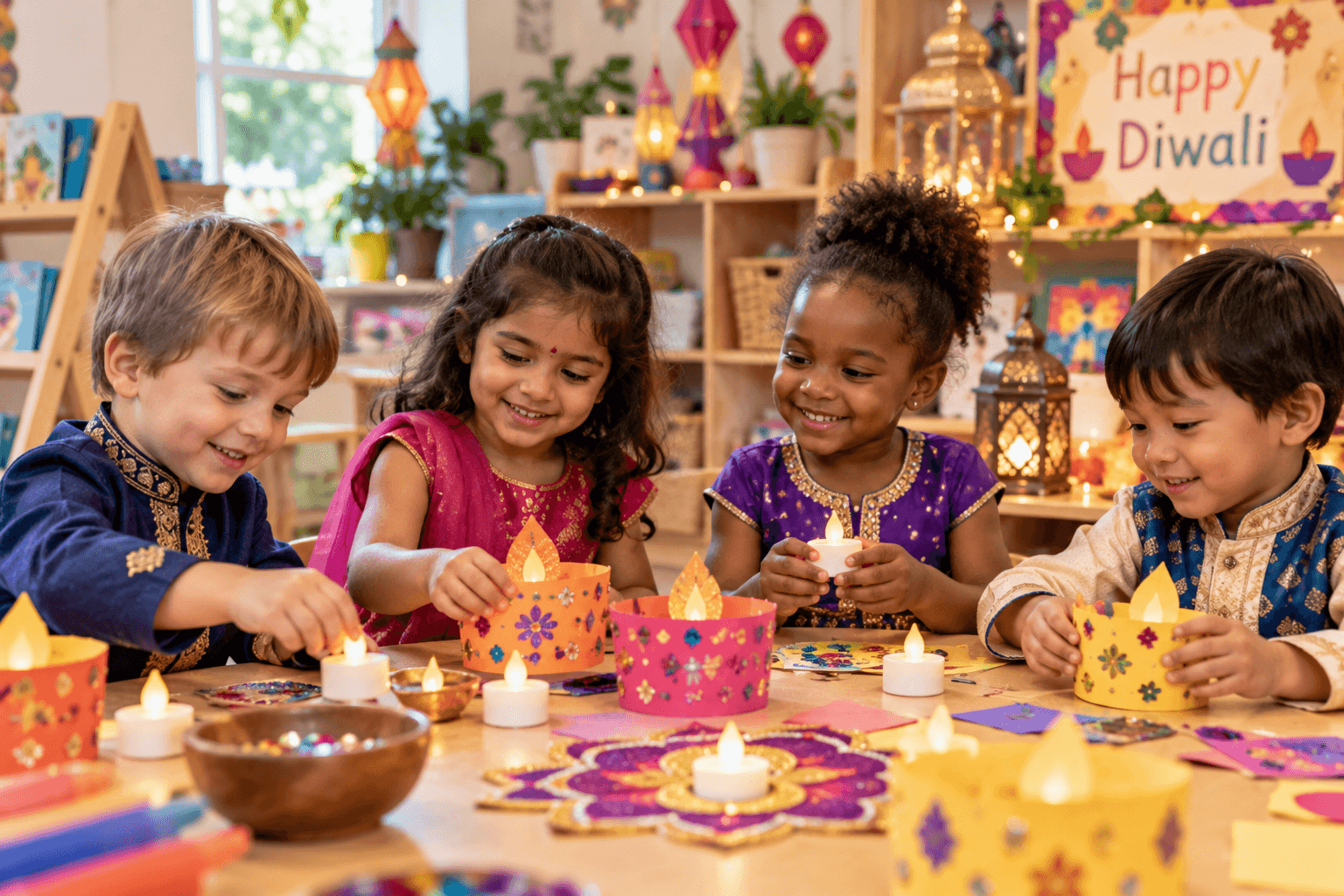 Children celebrating Diwali in nursery with decorated card diya lanterns and battery tea lights