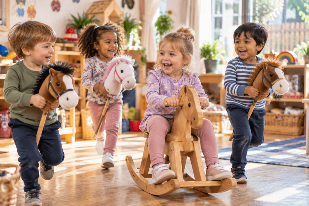 A child riding a wooden rocking horse while friends gallop alongside on hobby horses