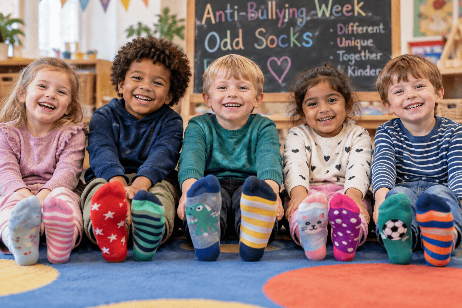 Nursery children proudly showing off odd socks for Anti-Bullying Week early years activities