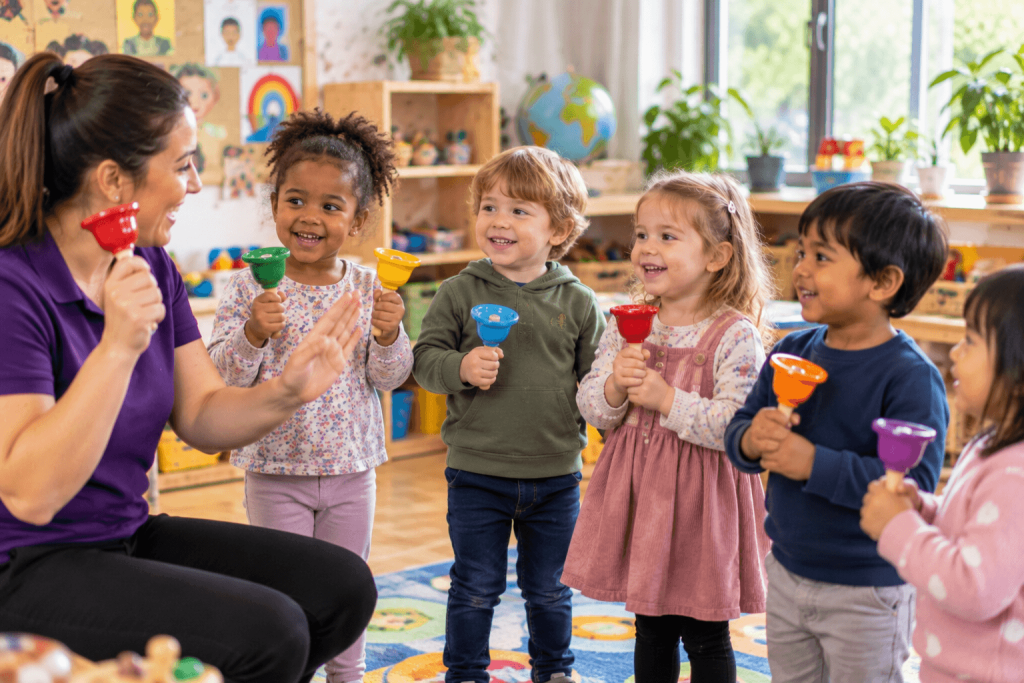 Preschool children ringing handbells together during a call and response song