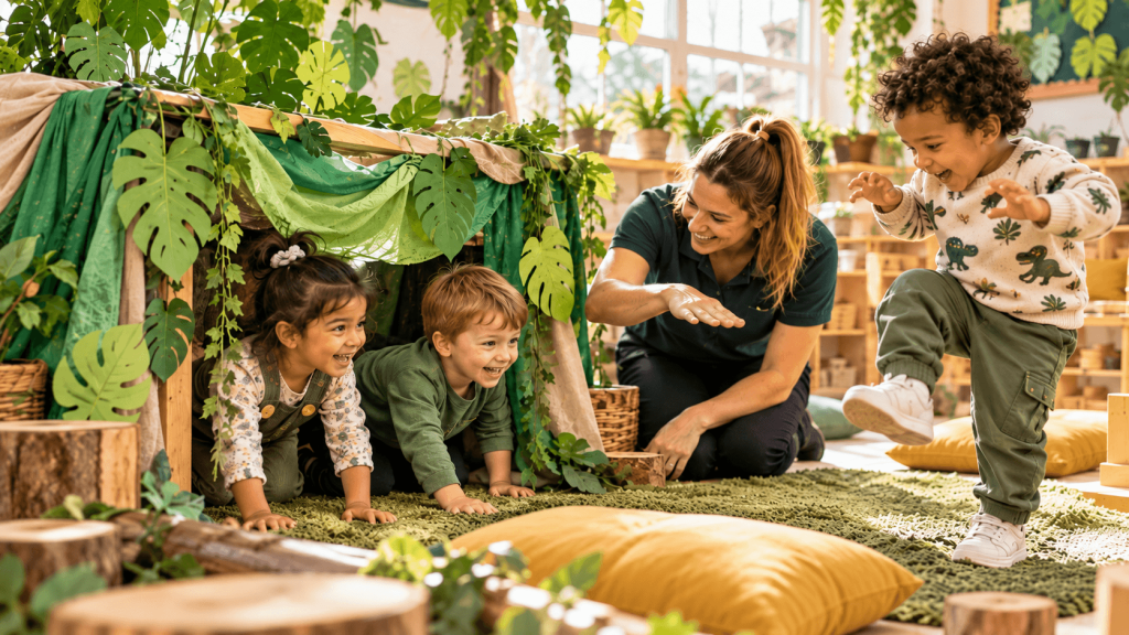 Jungle Fort Fun in Preschool | Parentacom Pre school children crawling under a fabric rainforest den during an imaginative movement and language session