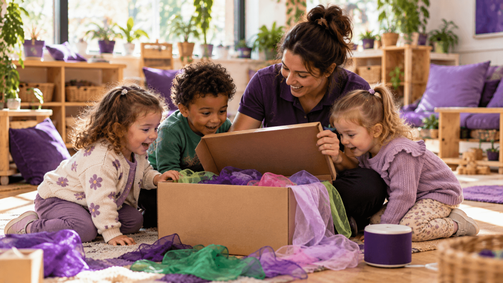 Early years educator using a cardboard box and scarves to spark creative thinking with a small group of children | Parentacom Early years educator using a cardboard box and scarves to spark creative thinking with a small group of children