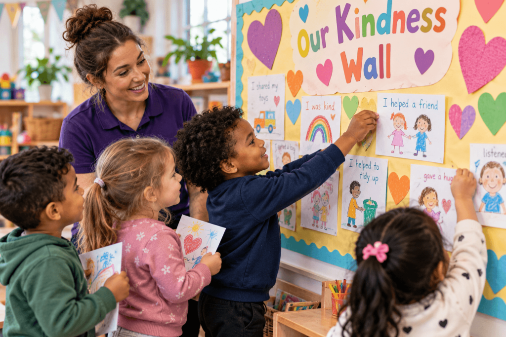 Nursery children adding their drawings of kind acts to a colourful kindness wall display