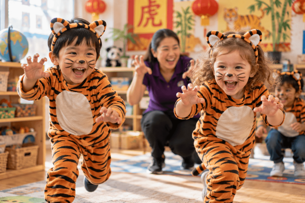 Two preschool children pretending to be tigers running playfully during a Mandarin song