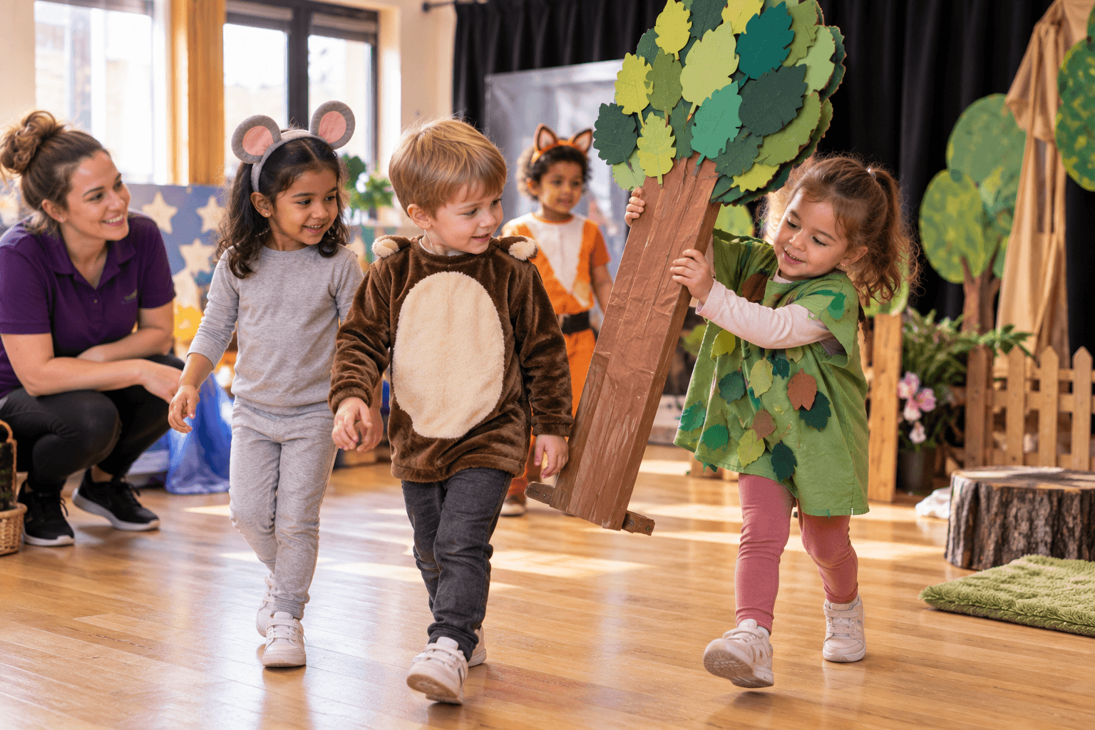 A child's moving tree prop mid-rehearsal, showing real creativity in early years dramatic play