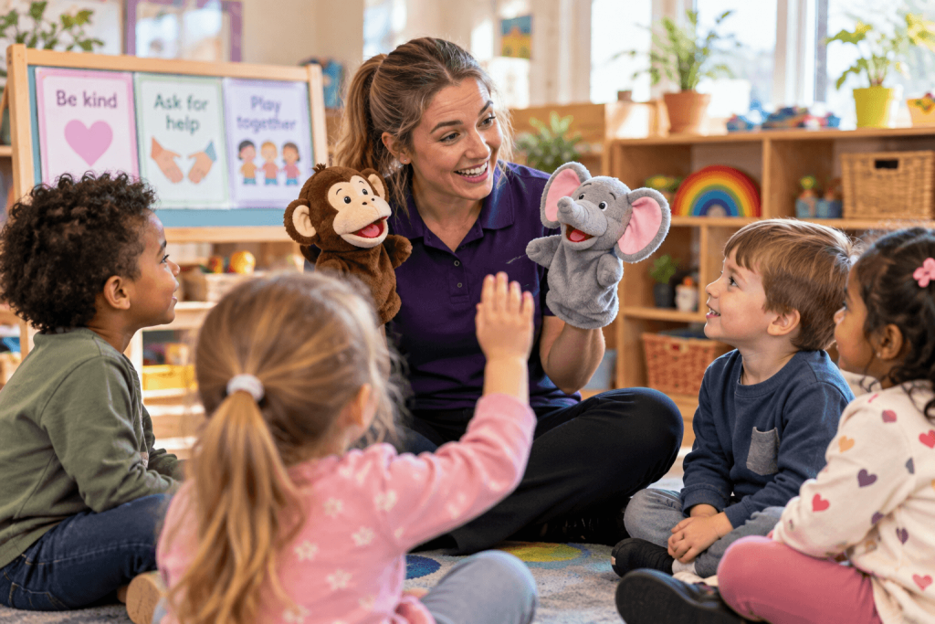 Early years practitioner using hand puppets to model kind play and asking for help with a small group of children