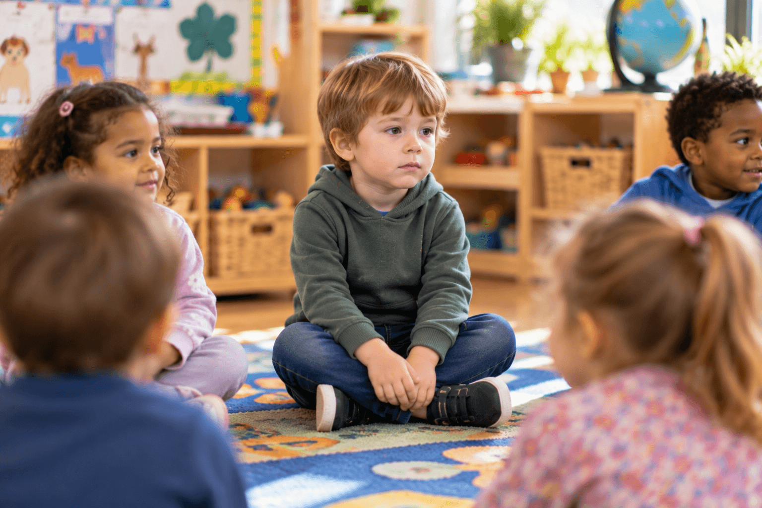 A young boy sitting very still on the classroom carpet, a subtle picture of autistic masking at school
