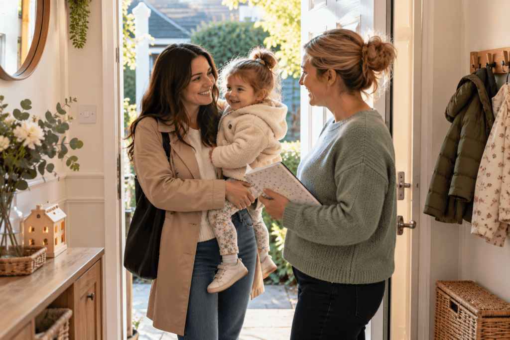 Childminder chatting warmly with a parent at the front door about their toddler's rest and nap routine